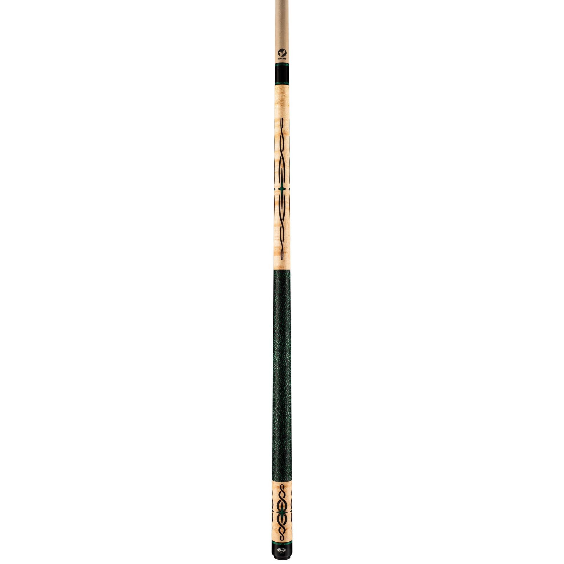 Full view of pool cue with green wrap and decorative accents.