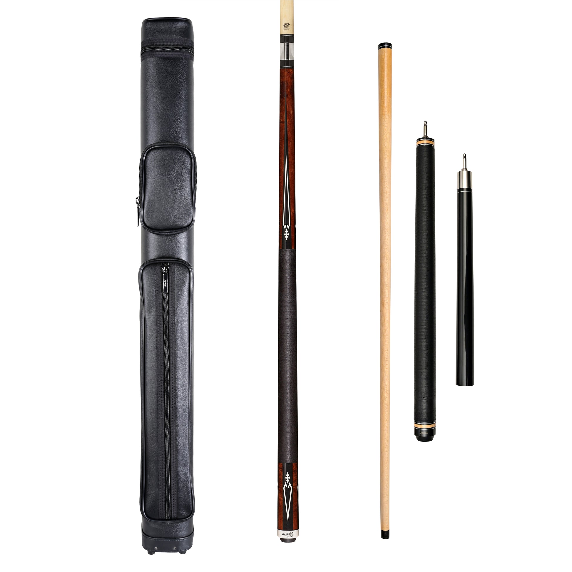 Pure X HXT15 playing cue and ASKA JBC Black jump break cue alongside ASKA 2x2 hard cue case showing walnut-stained Birdseye Maple forearm, black & white diamond graphics, black Irish linen wrap, and compact case with accessory pocket