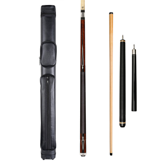 Pure X HXT15 playing cue and ASKA JBC Black jump break cue alongside ASKA 2x2 hard cue case showing walnut-stained Birdseye Maple forearm, black & white diamond graphics, black Irish linen wrap, and compact case with accessory pocket