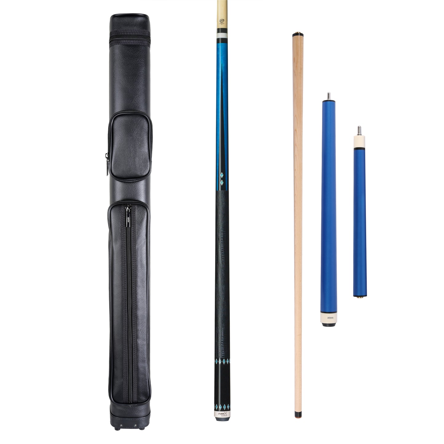 ASKA pool cue and case combo with blue jump break cue components. HXT32COMBO