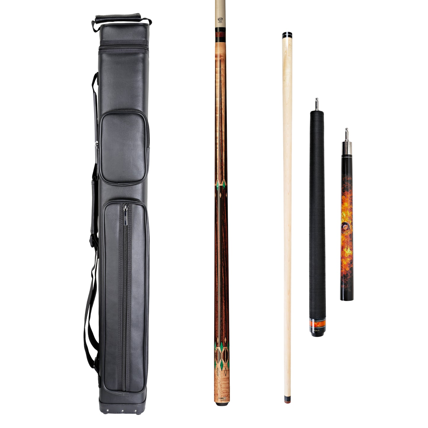 ASKA cue and case combo featuring a 3x6 case and two pool cues with