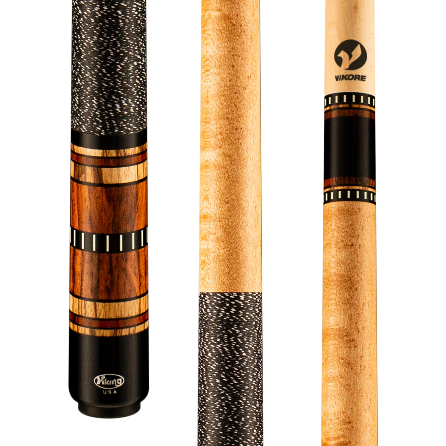 Viking Impero IM0300 pool cue featuring intricate wood graphic design and speckled grip.