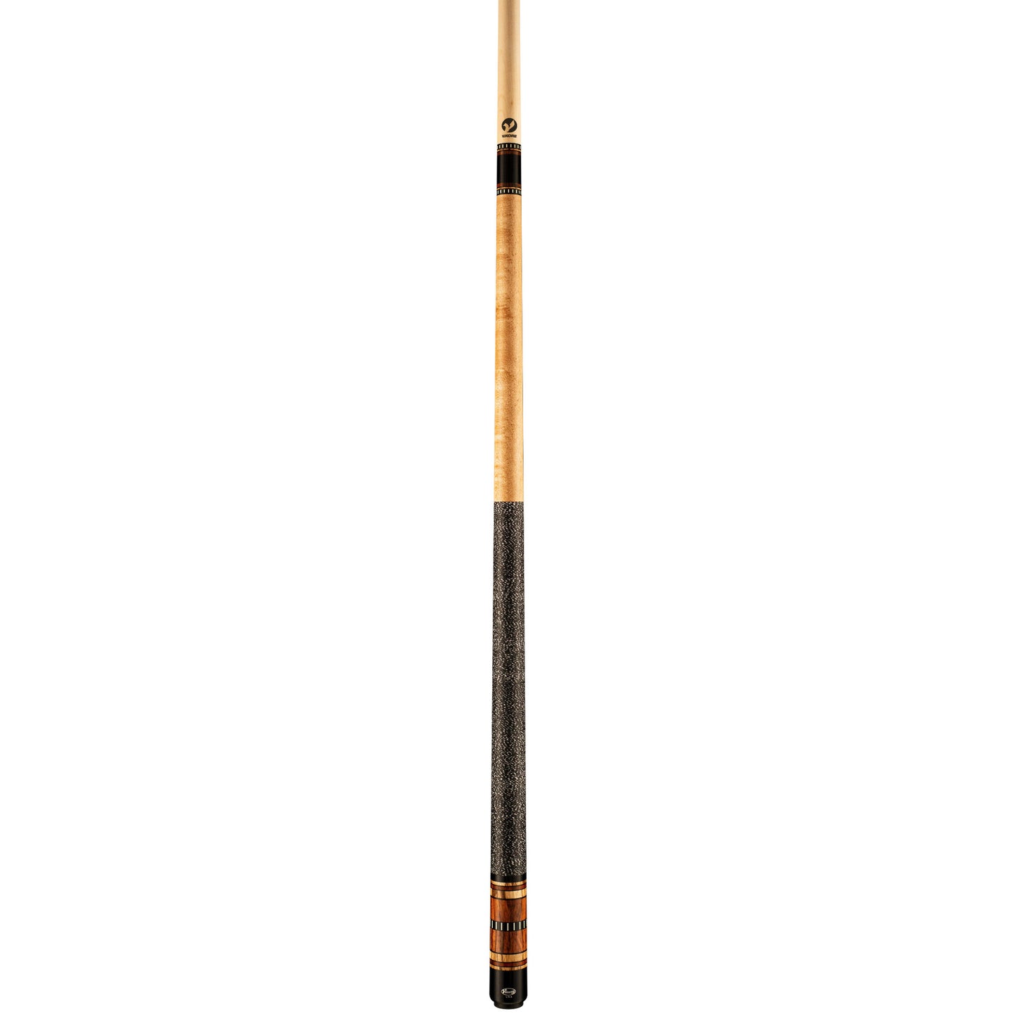 Full view of a pool cue showing the shaft and grip design details.
