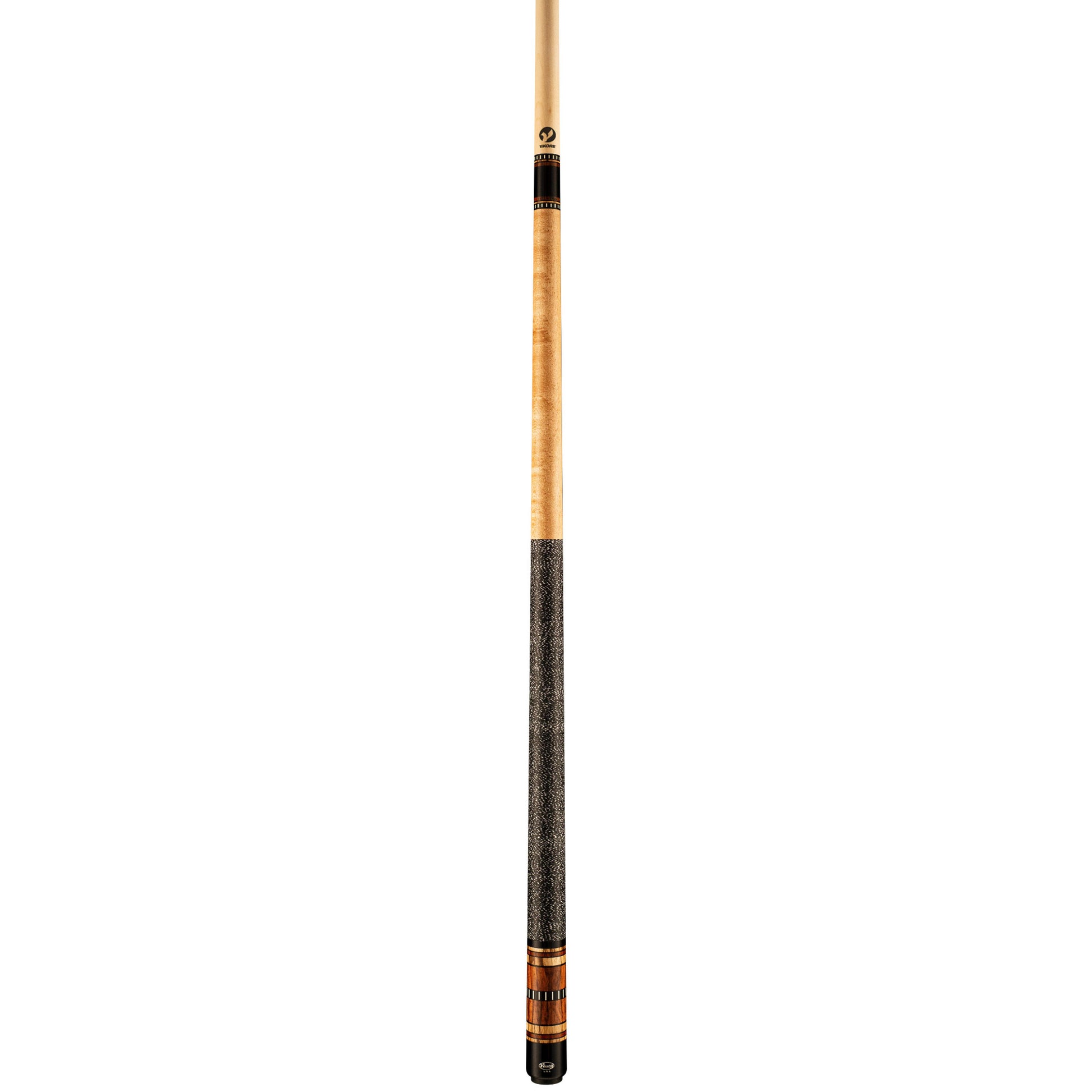 Full view of a pool cue showing the shaft and grip design details.