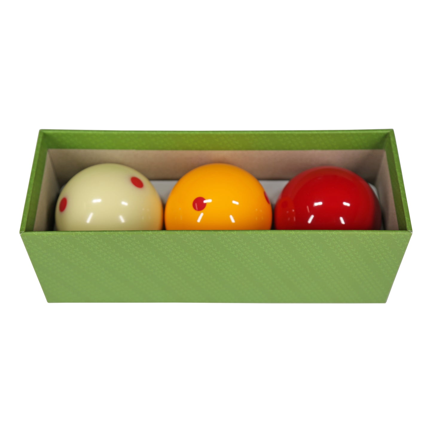 Three billiard balls in a green box with textured pattern.