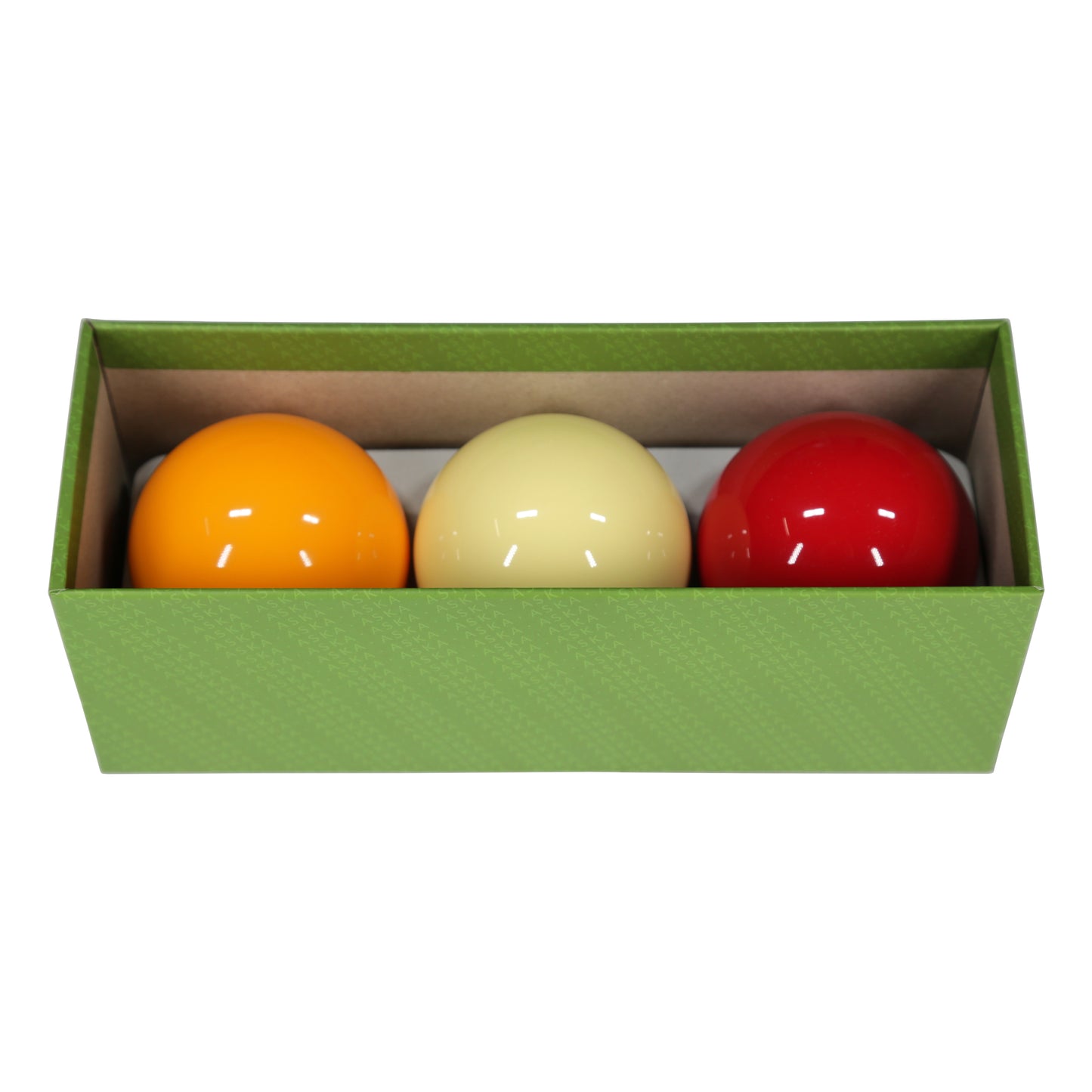 Set of billiard balls with red, cream, and orange colors.