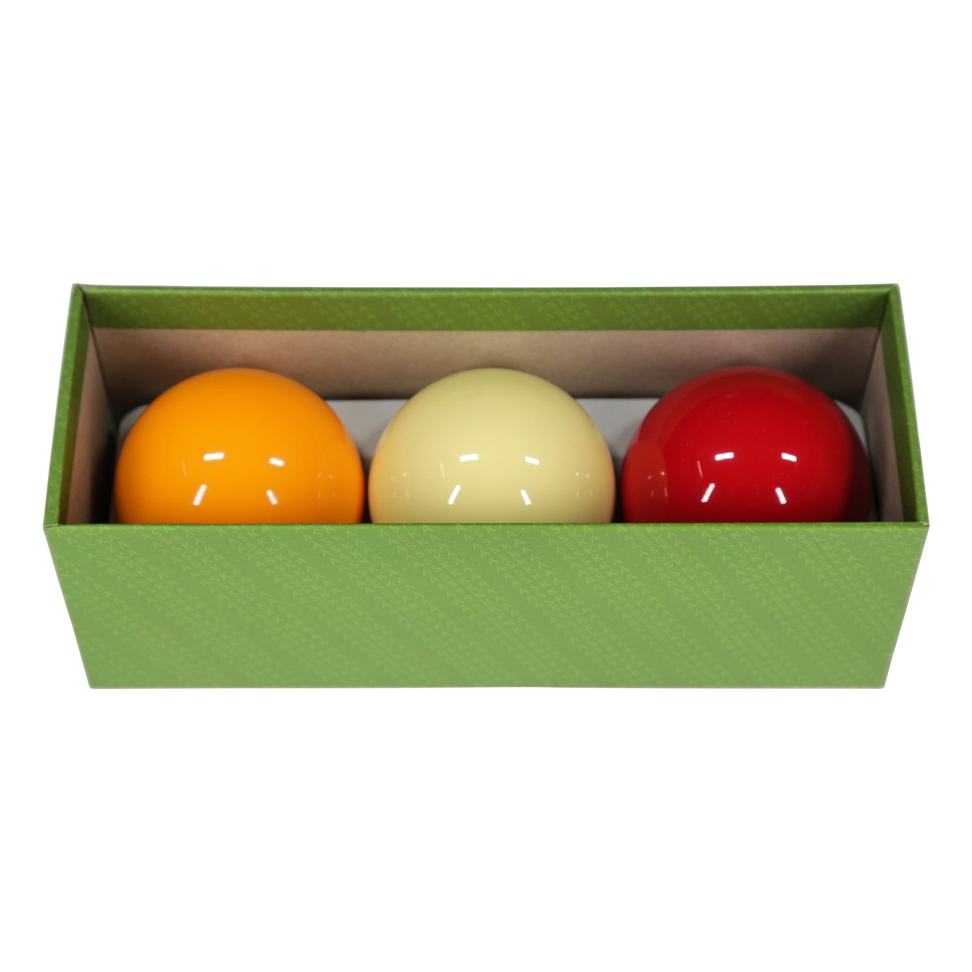 Set of billiard balls with red, cream, and orange colors.