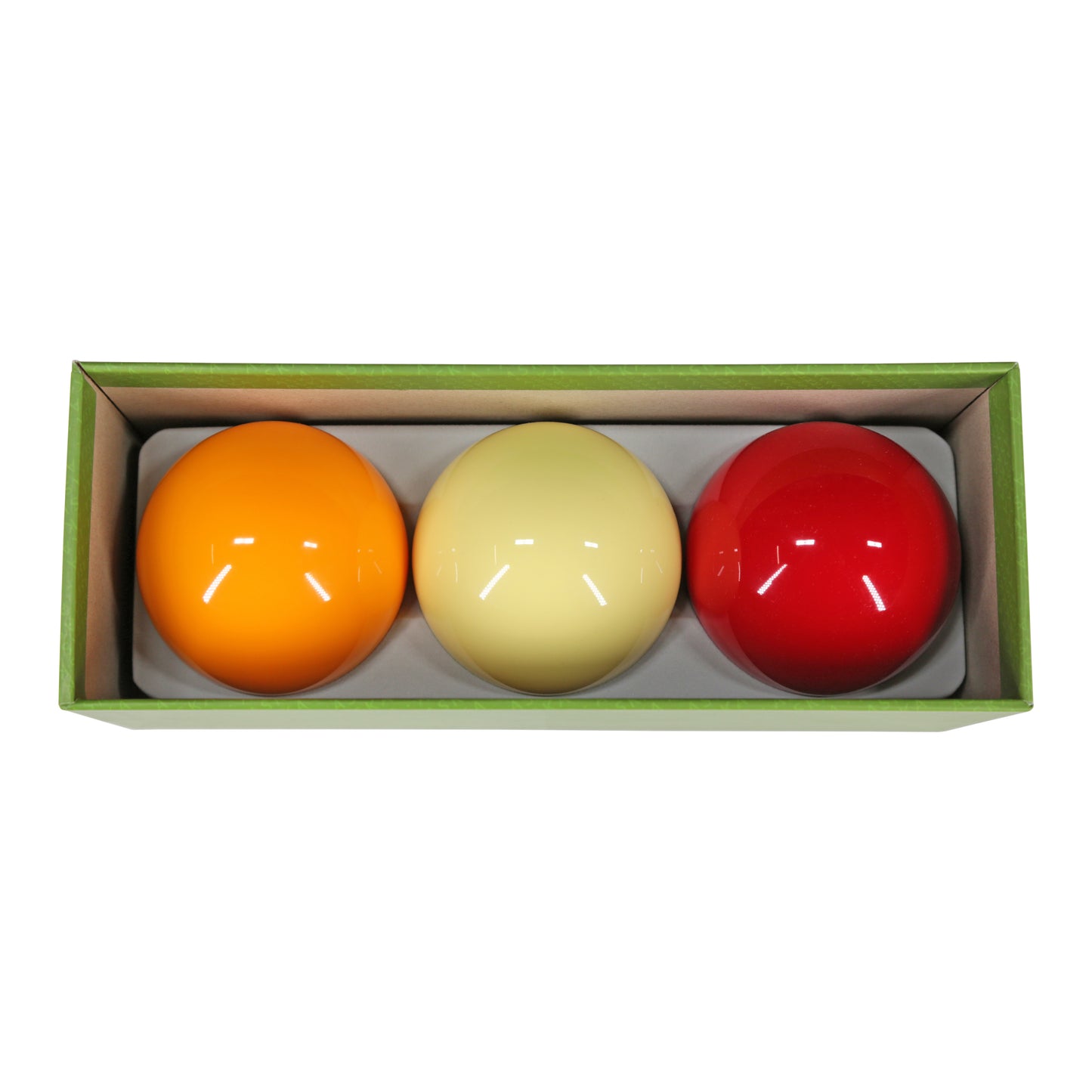 Three billiard balls in a green box, viewed from above.