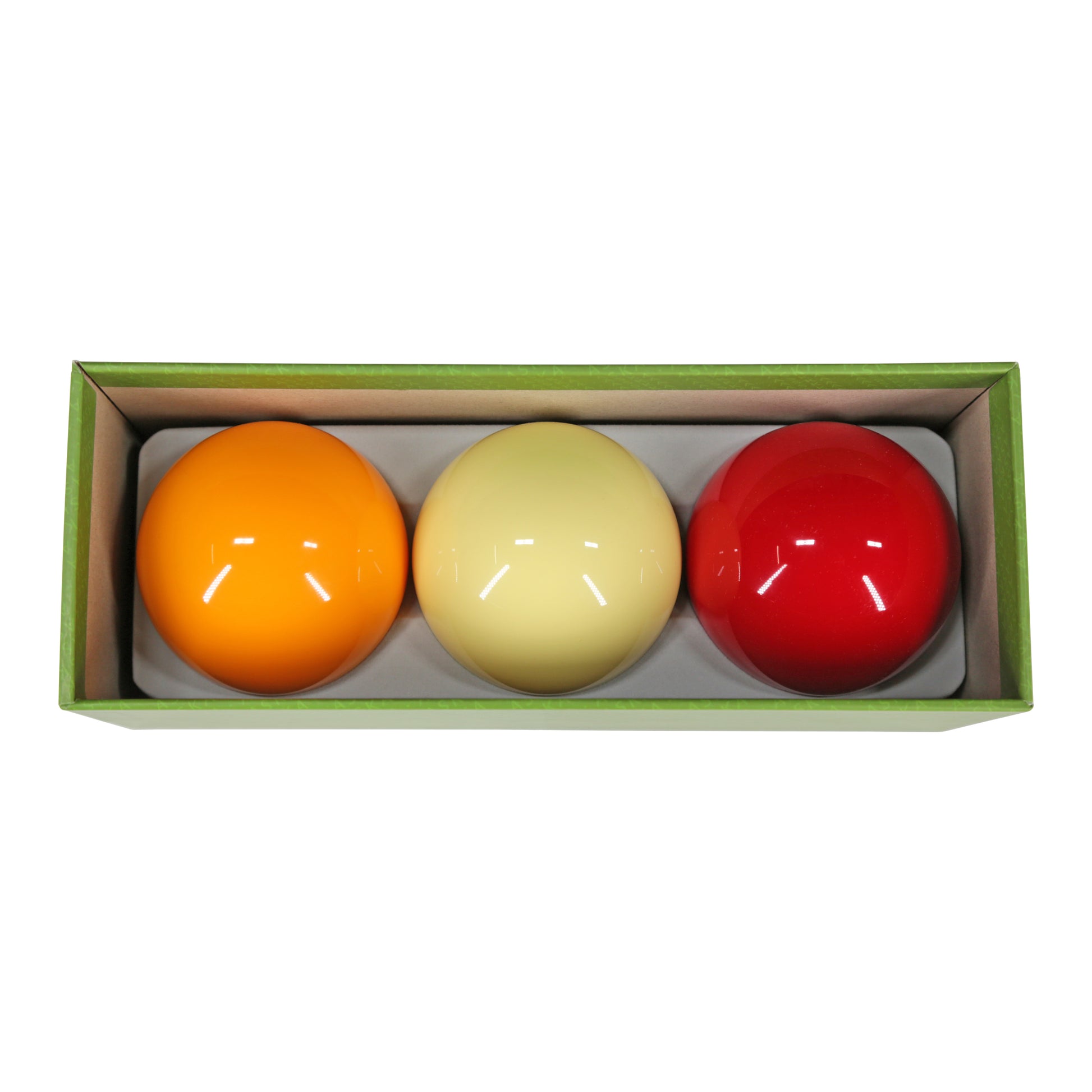 Three billiard balls in a green box, viewed from above.