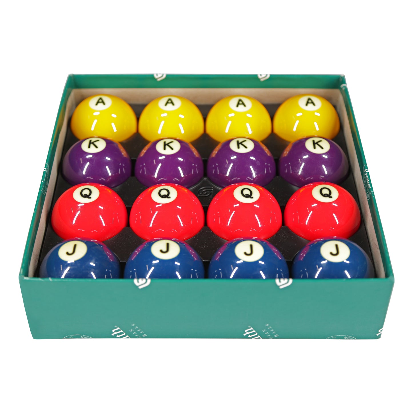 Angled view of poker chip billiard balls inside a box