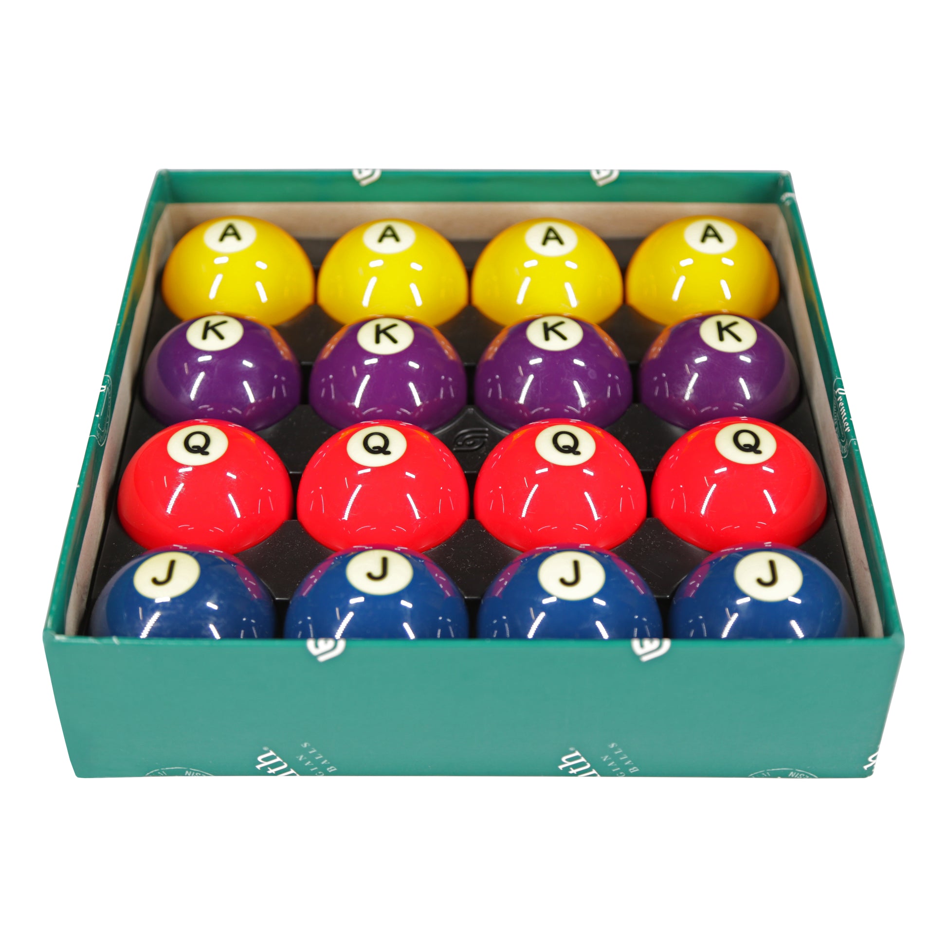 Angled view of poker chip billiard balls inside a box