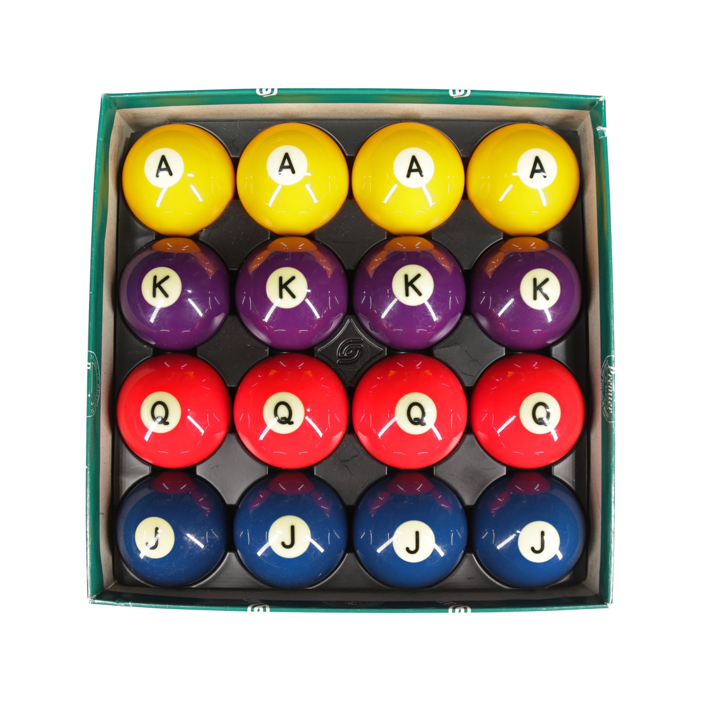 Overhead view of poker chip billiard balls in a box