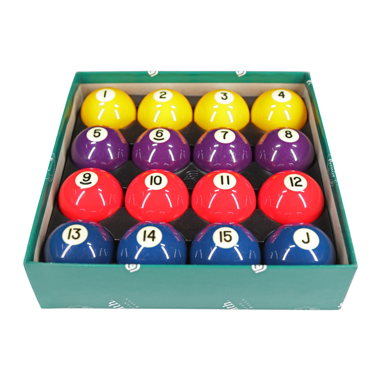 Angled view of numbered billiard balls inside a box