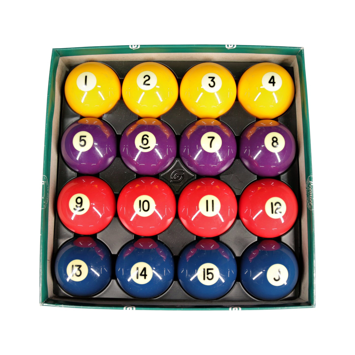 Overhead view of numbered billiard balls in a box