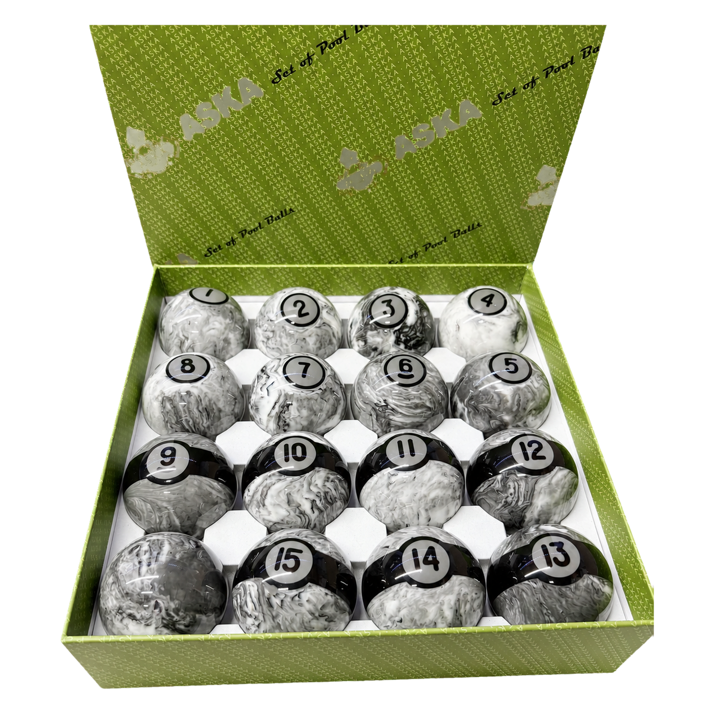 Aska Billiards Pool Boston Numbered Balls Set, 16 Balls Including a Cue Ball, 2 1/4 inch, PB05A