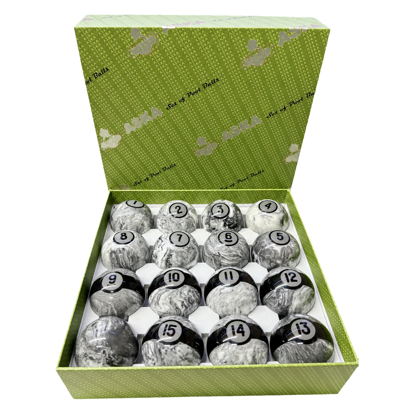 Aska Billiards Pool Boston Numbered Balls Set, 16 Balls Including a Cue Ball, 2 1/4 inch, PB05A
