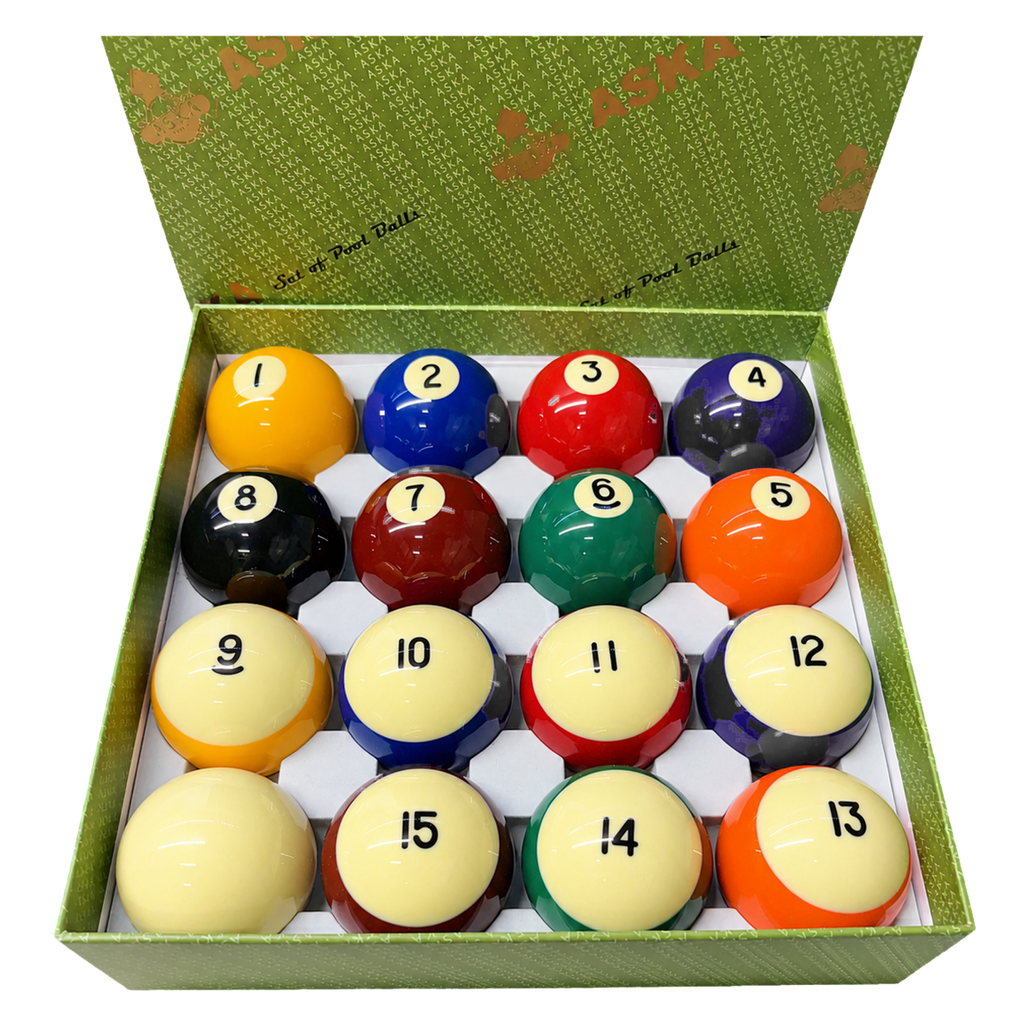Aska Billiards Pool Boston Numbered Balls Set, 16 Balls Including a Cue Ball, 2 1/4 inch, PB04A