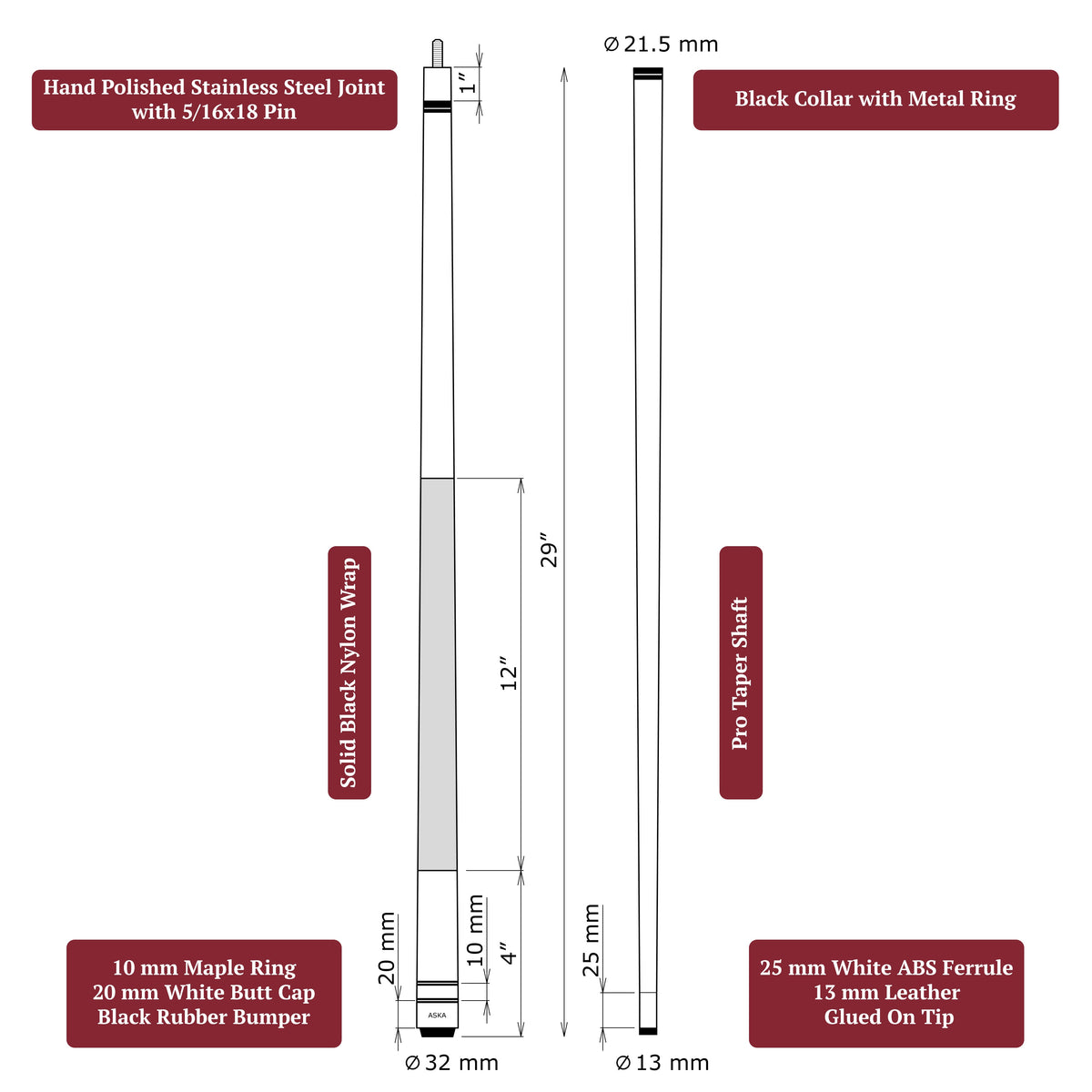 ASKA L2 pool cue anatomy diagram — 29" pro taper shaft, 13 mm leather tip, 5/16x18 stainless steel joint, black nylon wrap