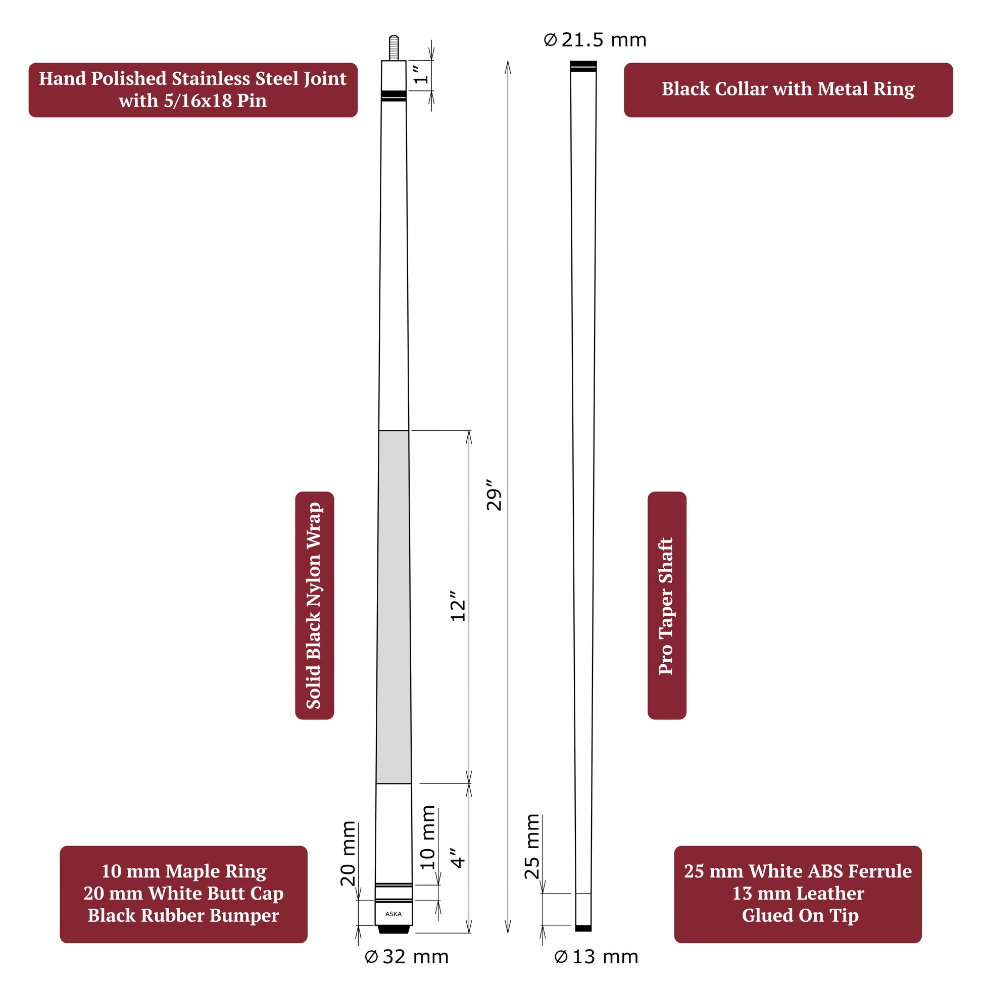 ASKA L2 Matte pool cue anatomy diagram — 29" pro taper shaft, 13 mm leather tip, 25 mm white ABS ferrule, 5/16x18 stainless steel joint, 12" black nylon wrap, 10 mm maple ring, 20 mm white butt cap