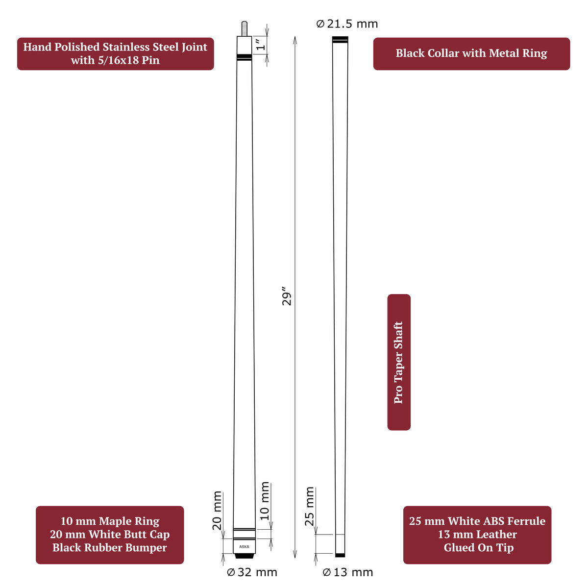 ASKA L3 pool cue anatomy diagram — wrapless 58" two-piece cue, 29" pro taper shaft, 13 mm leather tip, 5/16x18 stainless steel joint