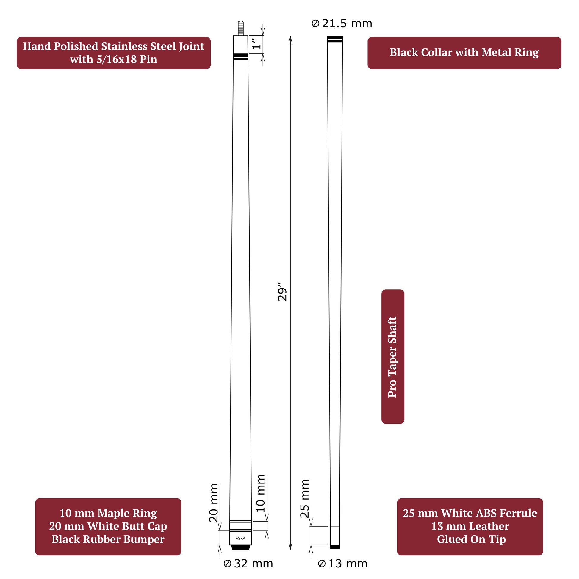 ASKA L3 pool cue anatomy diagram — wrapless 58" two-piece cue, 29" pro taper shaft, 13 mm leather tip, 5/16x18 stainless steel joint