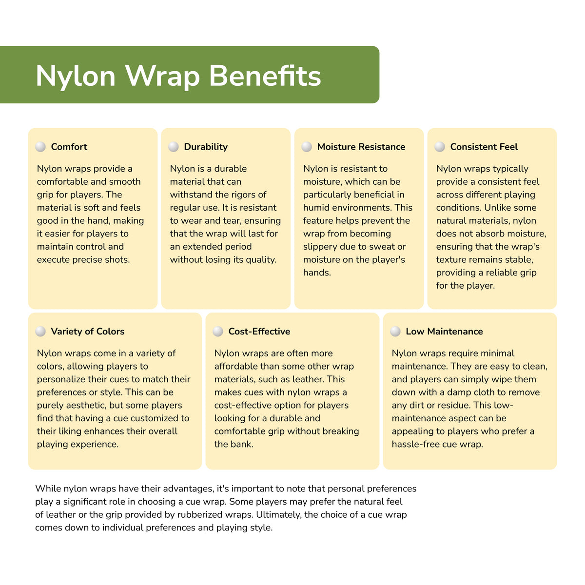 ASKA infographic — benefits of a nylon wrap on a pool cue: grip, durability, easy cleaning