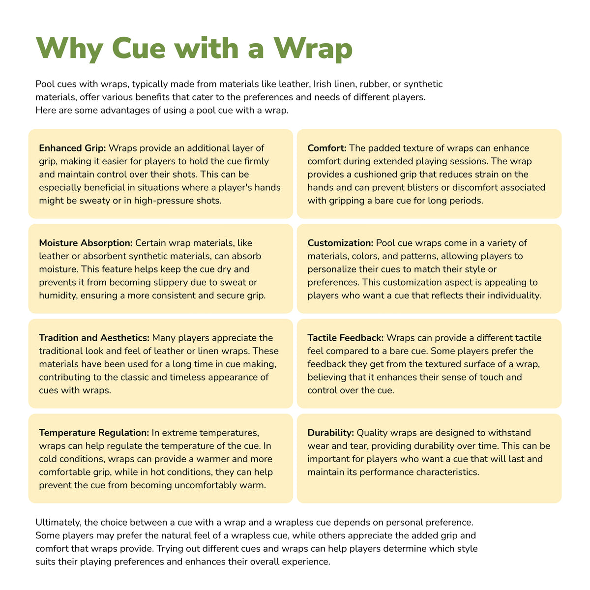 ASKA infographic — why choose a pool cue with a wrap: comfort, control, moisture resistance