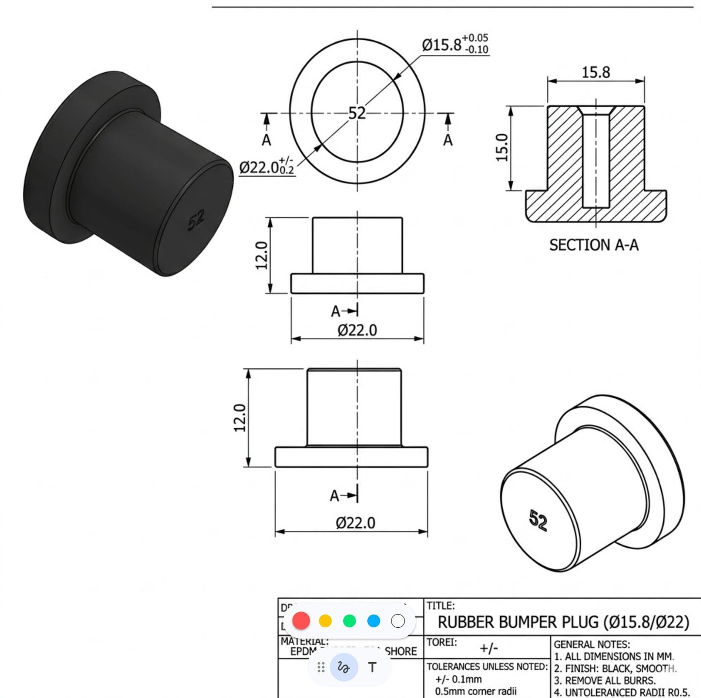 Technical drawing infographic for rubber bumper plug with detailed measurements and specifications.