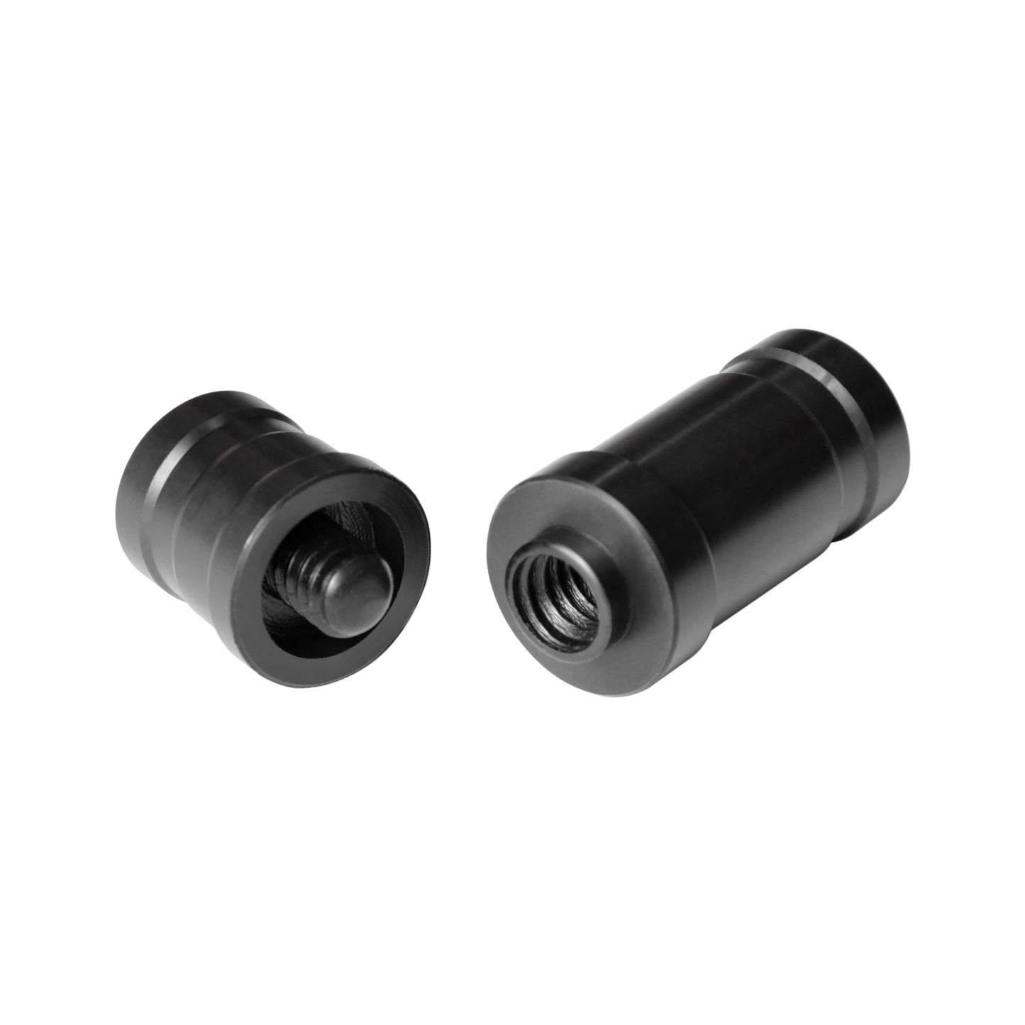 Two black joint protectors displayed, one disassembled with internal threads.