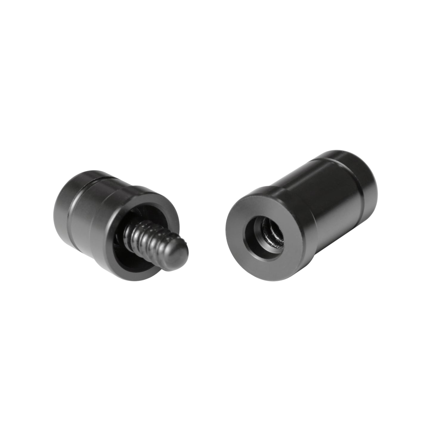 Two metal pool cue joint protectors with Radial threads against white background.