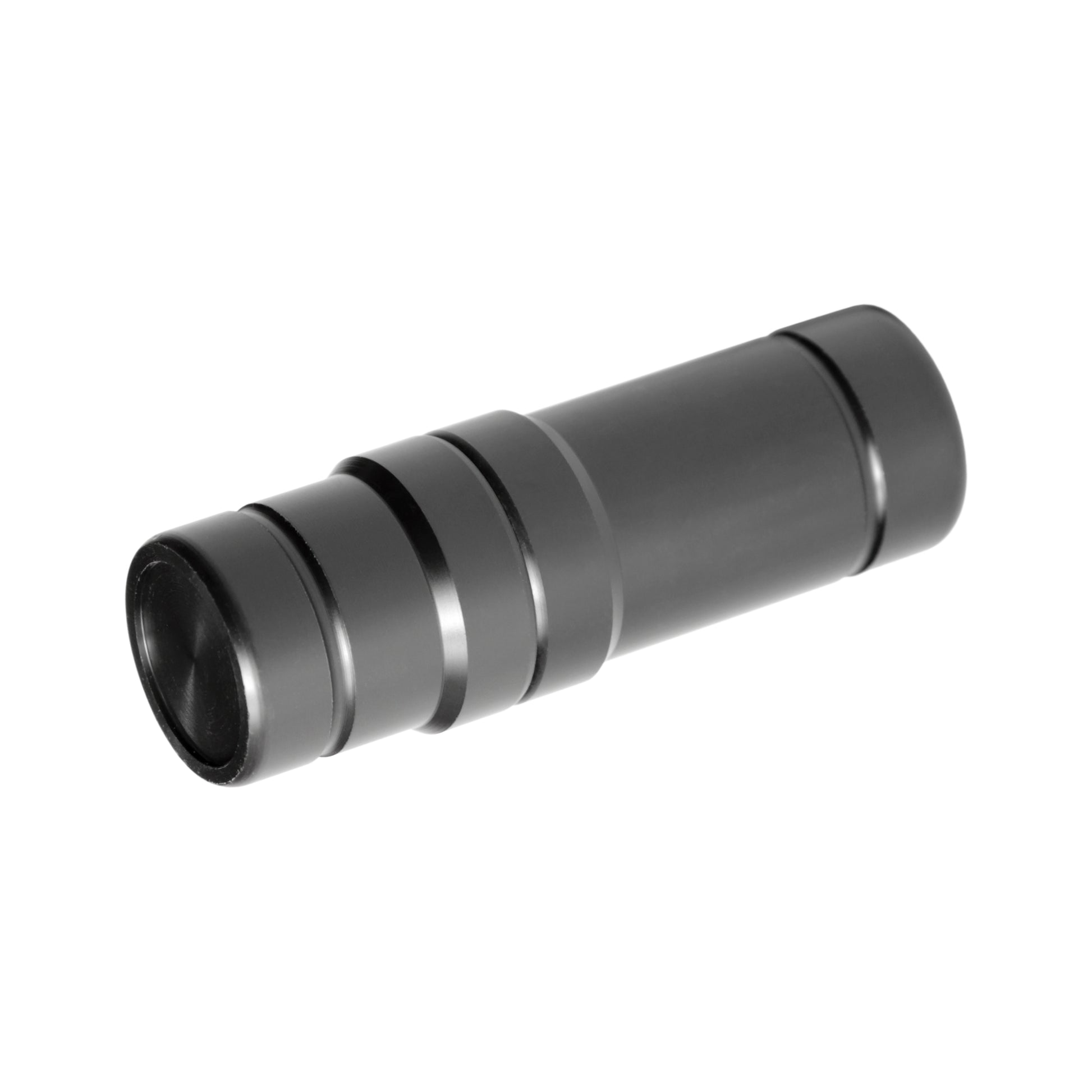 Angled view of a single, solid black pool cue joint protector piece.