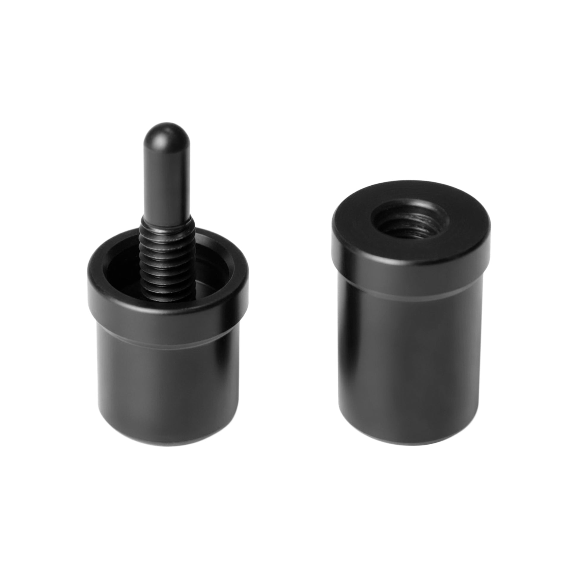 Two black joint protector pieces for Viking cues, one with threaded pin.