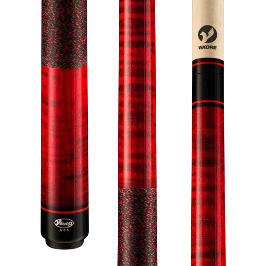 Viking Kayano KY0112 pool cue featuring red flame maple and black Lizard wrap.