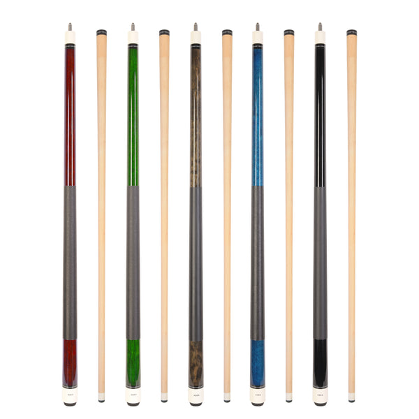 ASKA L1S5 pool cues in red, green, brown, blue, and black color options.