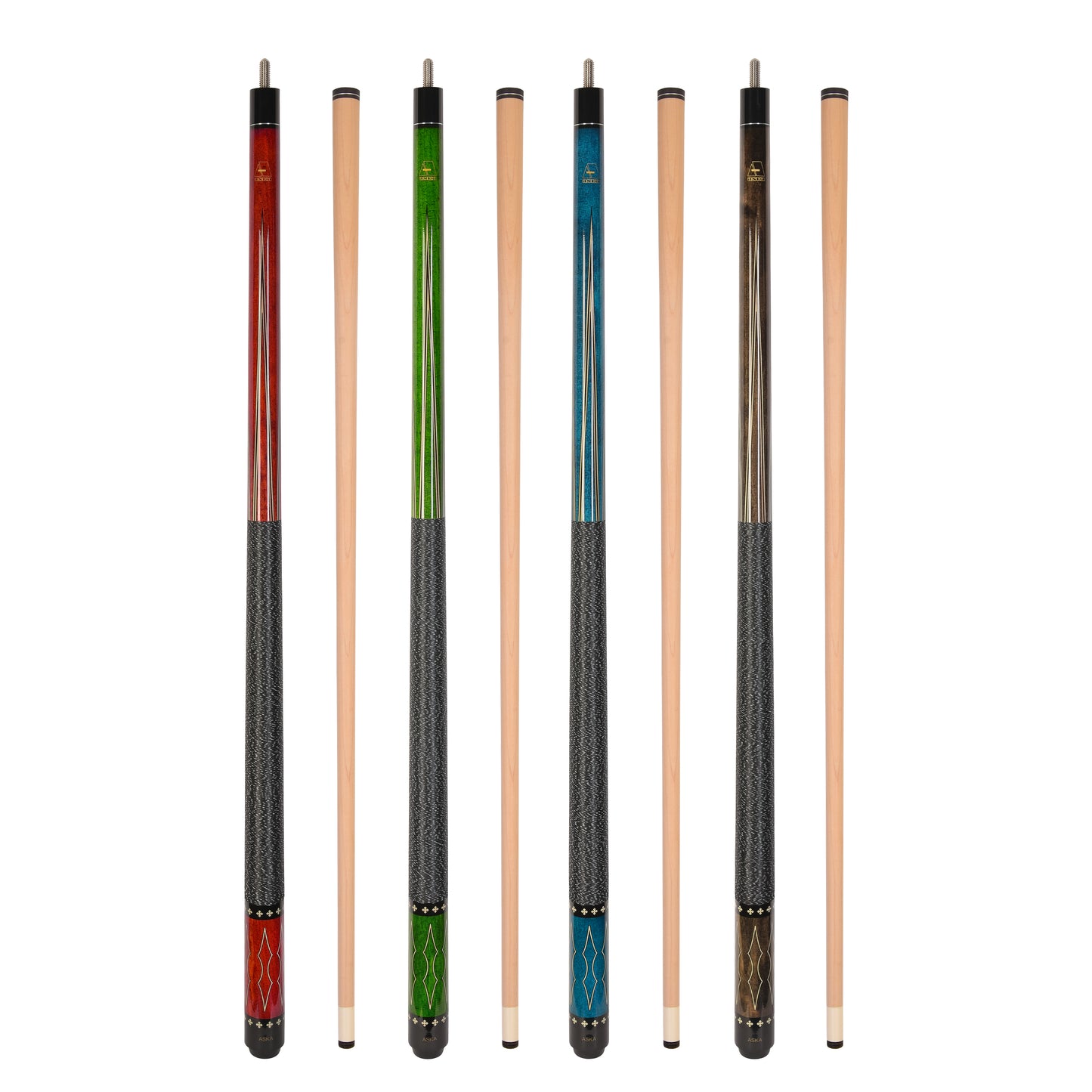ASKA Set of 4 Pool Cue Sticks 58", Hard Rock Canadian Maple, 13mm Hard Glued On Tip, Mixed Weights and Colors, L22S4