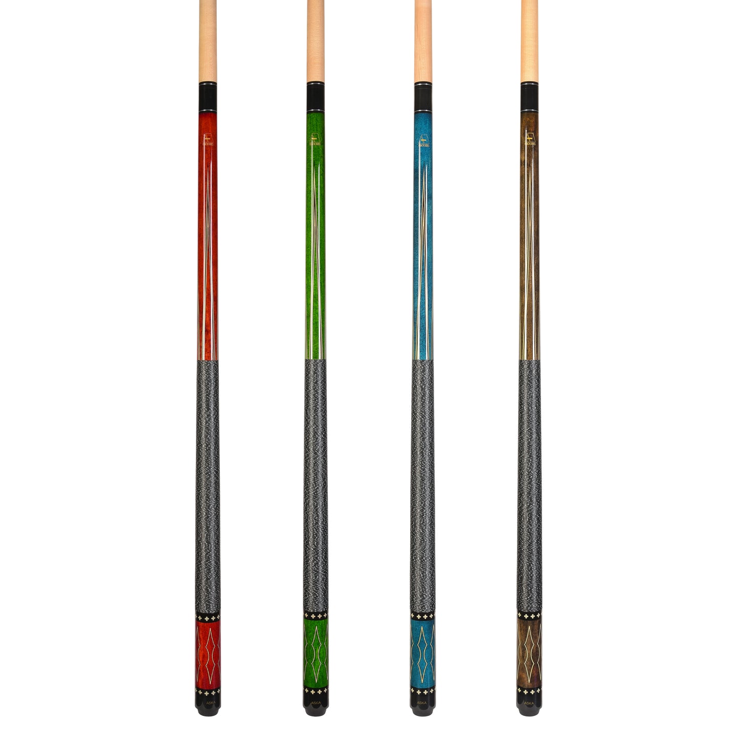 ASKA Set of 4 Pool Cue Sticks 58", Hard Rock Canadian Maple, 13mm Hard Glued On Tip, Mixed Weights and Colors, L22S4