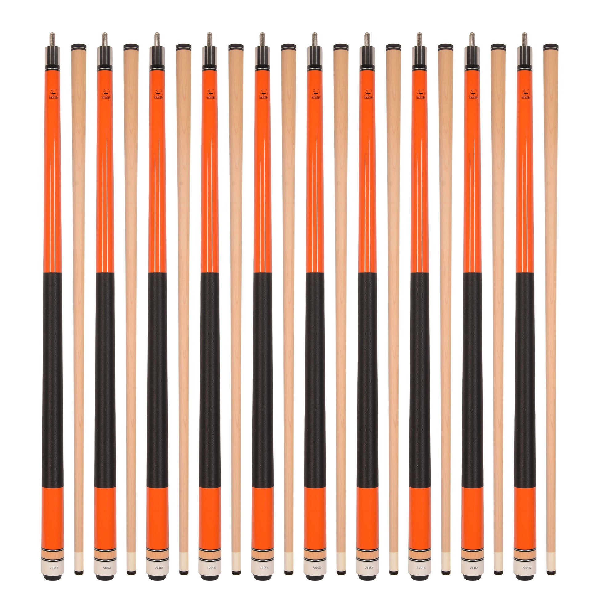 Multi-view image showing ten L2 pool cues in orange with wood shafts.