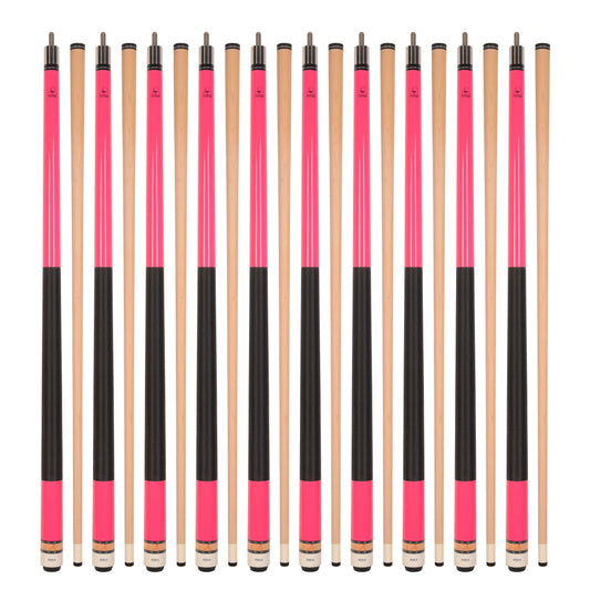 Collage of ten L2 pool cues in pink with natural wood shafts.