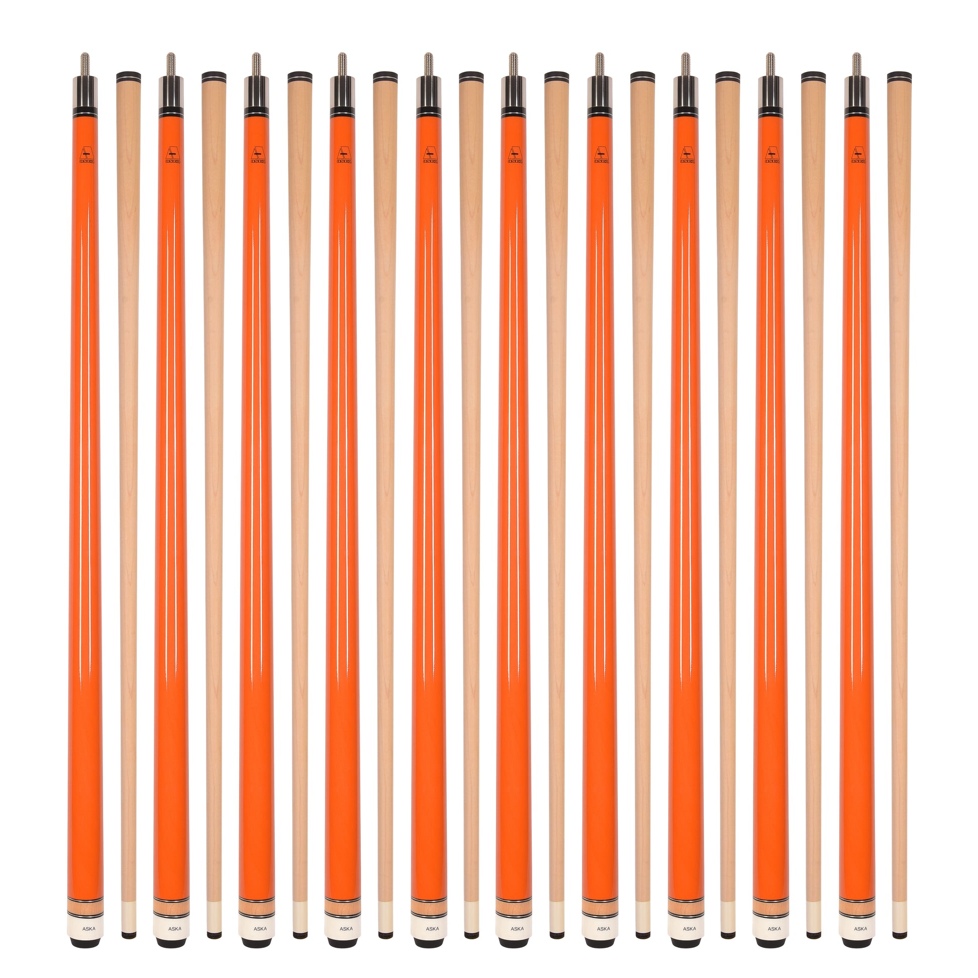Ten L3 pool cues displayed in bright orange with natural wood shafts.