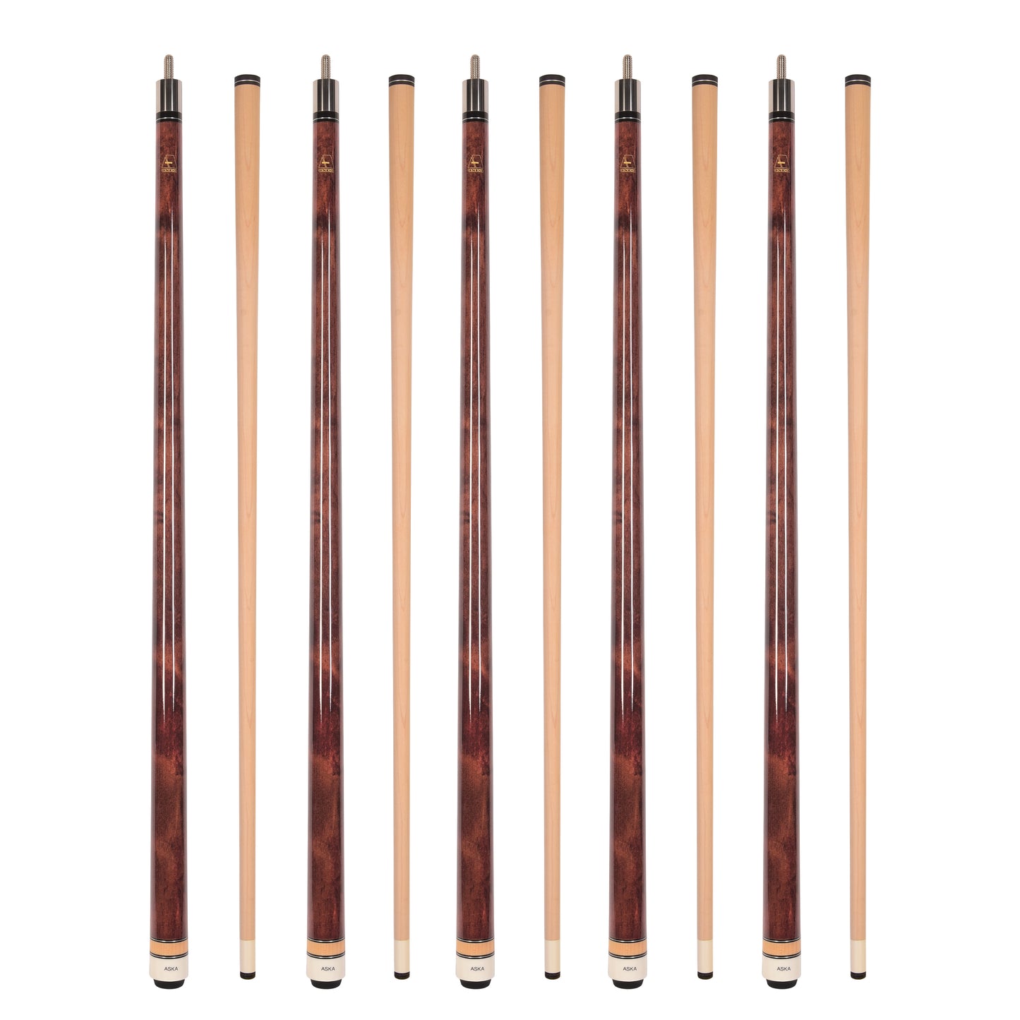 Set of 5 Aska L3 Mahogany Pool Cue Sticks, 58