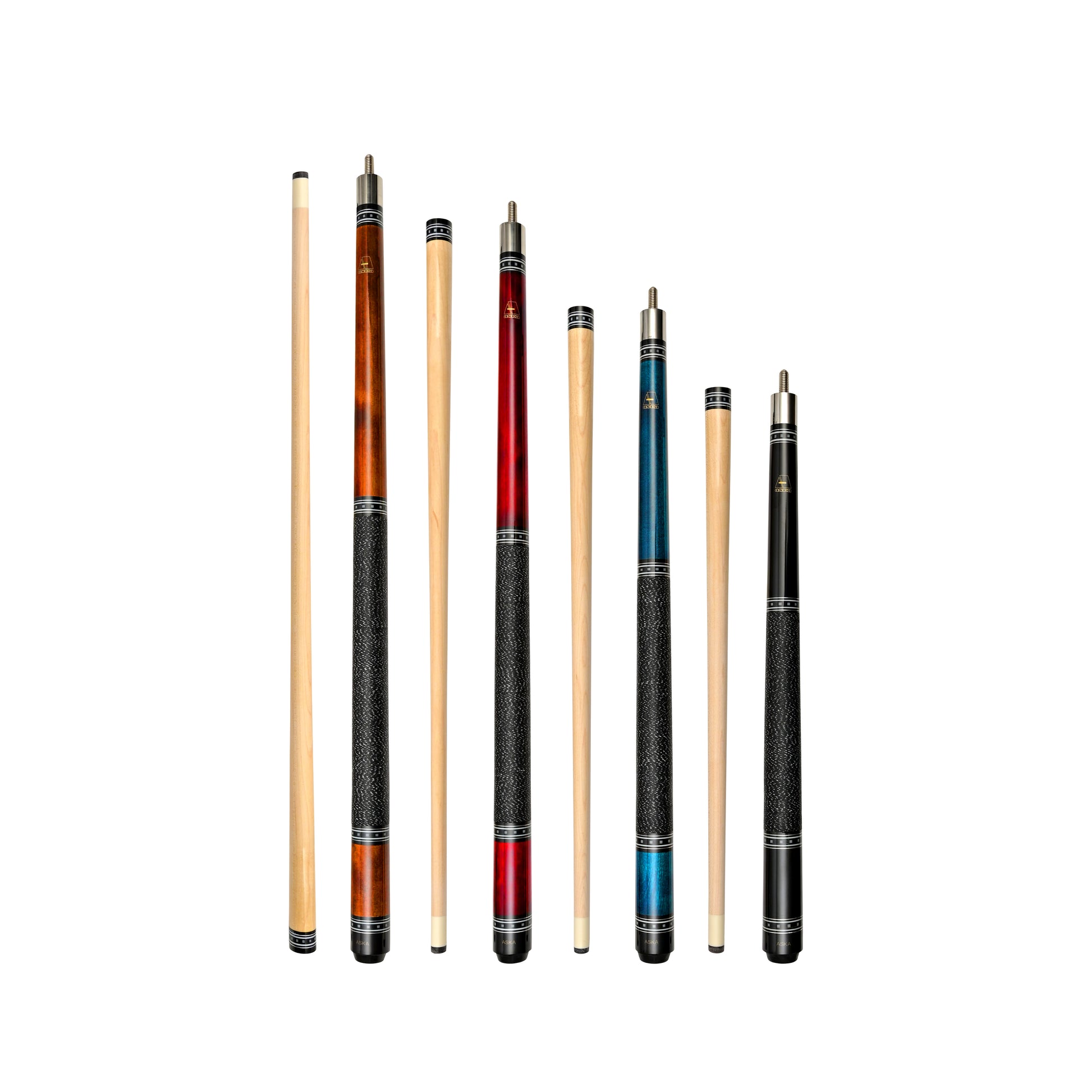 Set of 4 Short Pool Cues – ASKA Irish Linen Wrap Cue Set with Ring Design for Game Rooms (L9CS)