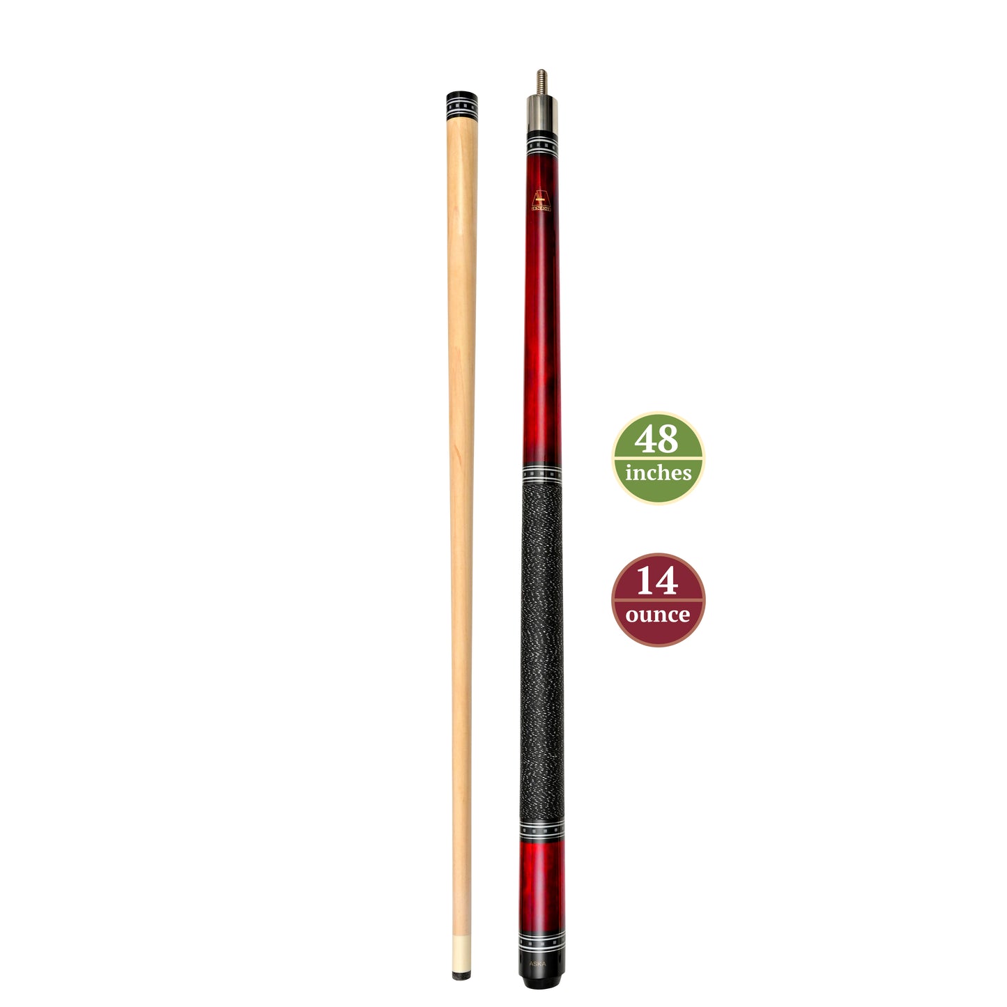 ASKA Red 48" Short Pool Cue – Black Irish Linen Wrap, Maple Shaft, 13mm Tip, 2-Piece (L9S48RD) billiard pool cue stick by ASKA