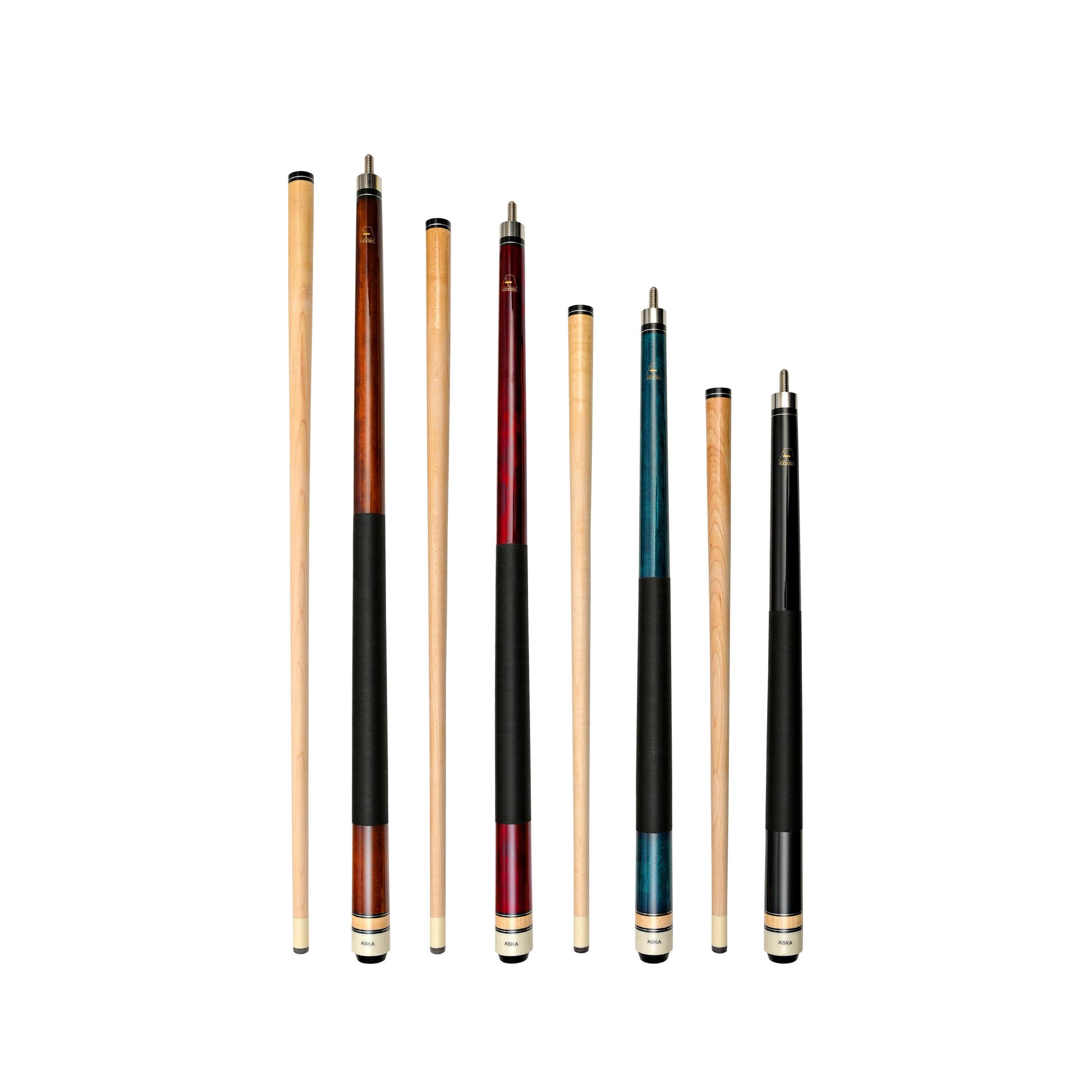 ASKA LCS4 set of four short pool cues with different colored butts.