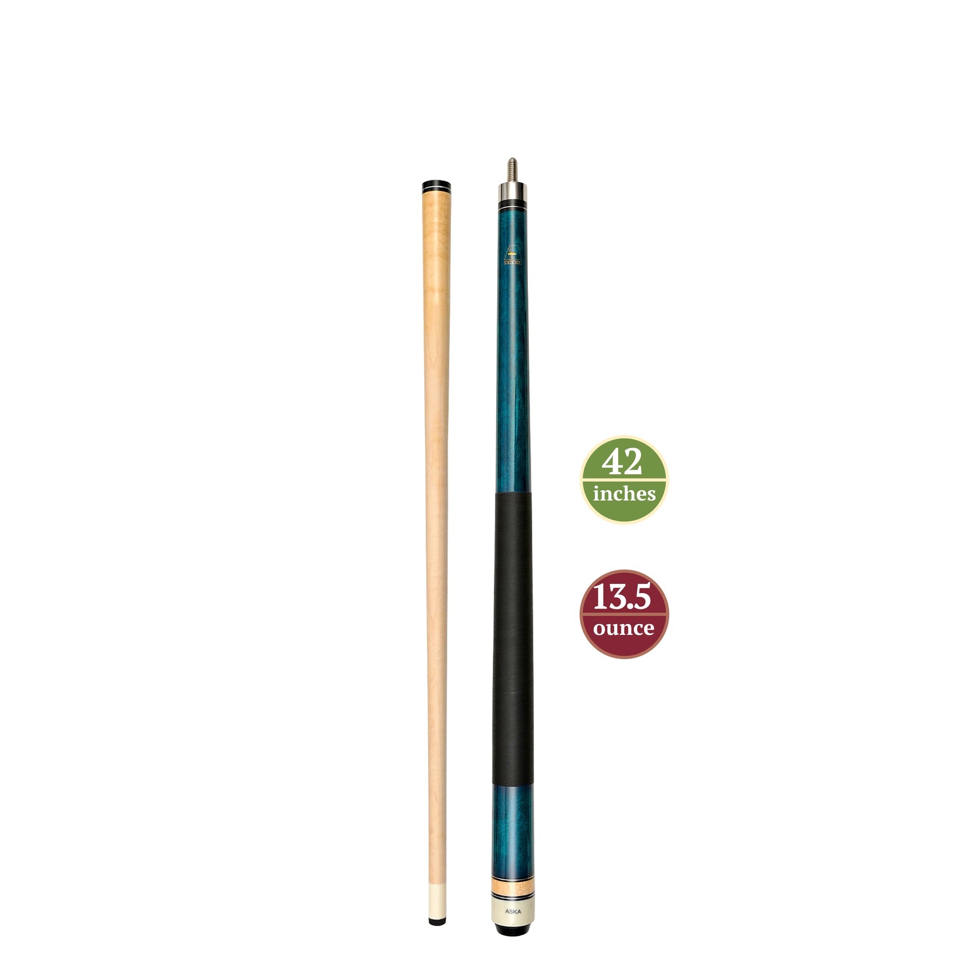 Full view of short pool cue with weight and length callouts.