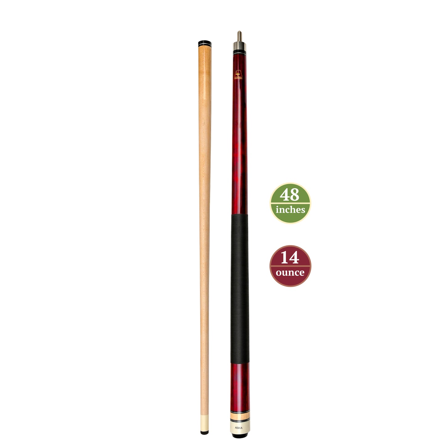Full view of short pool cue with graphic indicating 48 inches and 14 ounce