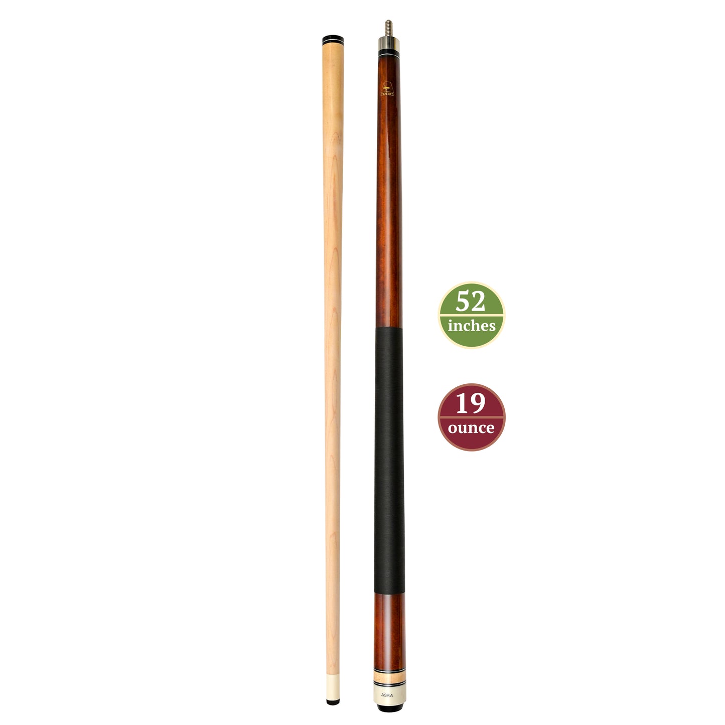ASKA Brown 52" Short Pool Cue – 19 oz, Maple Shaft, 13mm Tip, 5/16x18 Joint, Black Nylon Wrap (LCS52) billiard pool cue stick by ASKA