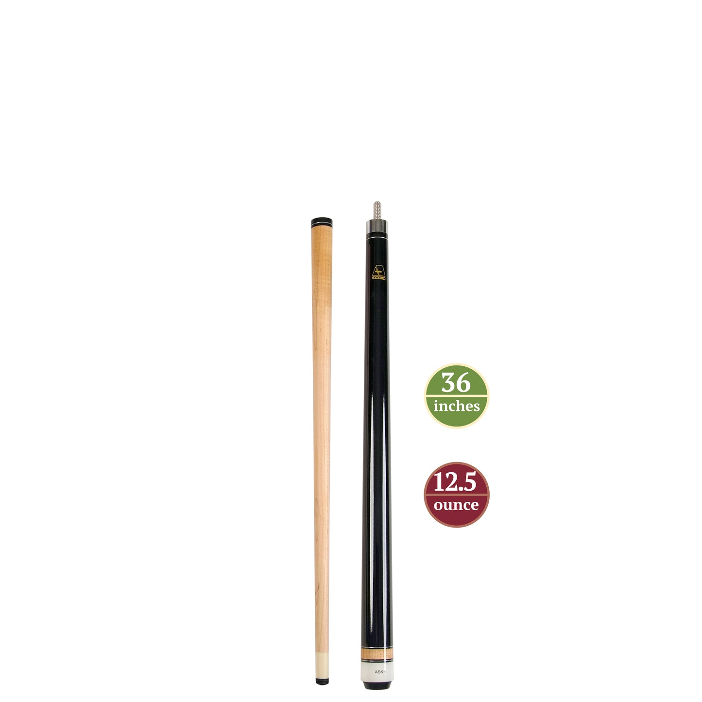Short pool cue and shaft with size and weight information.
