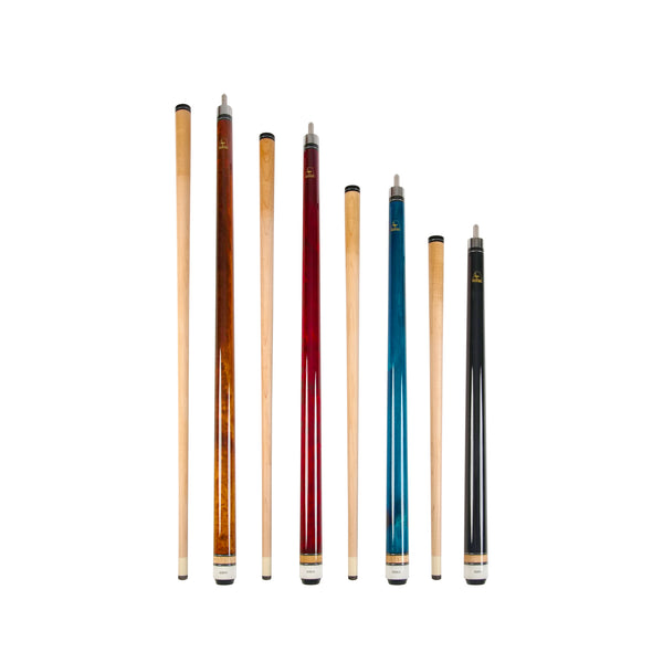 ASKA LCSN4 set of four colorful short pool cues with natural wood sections.