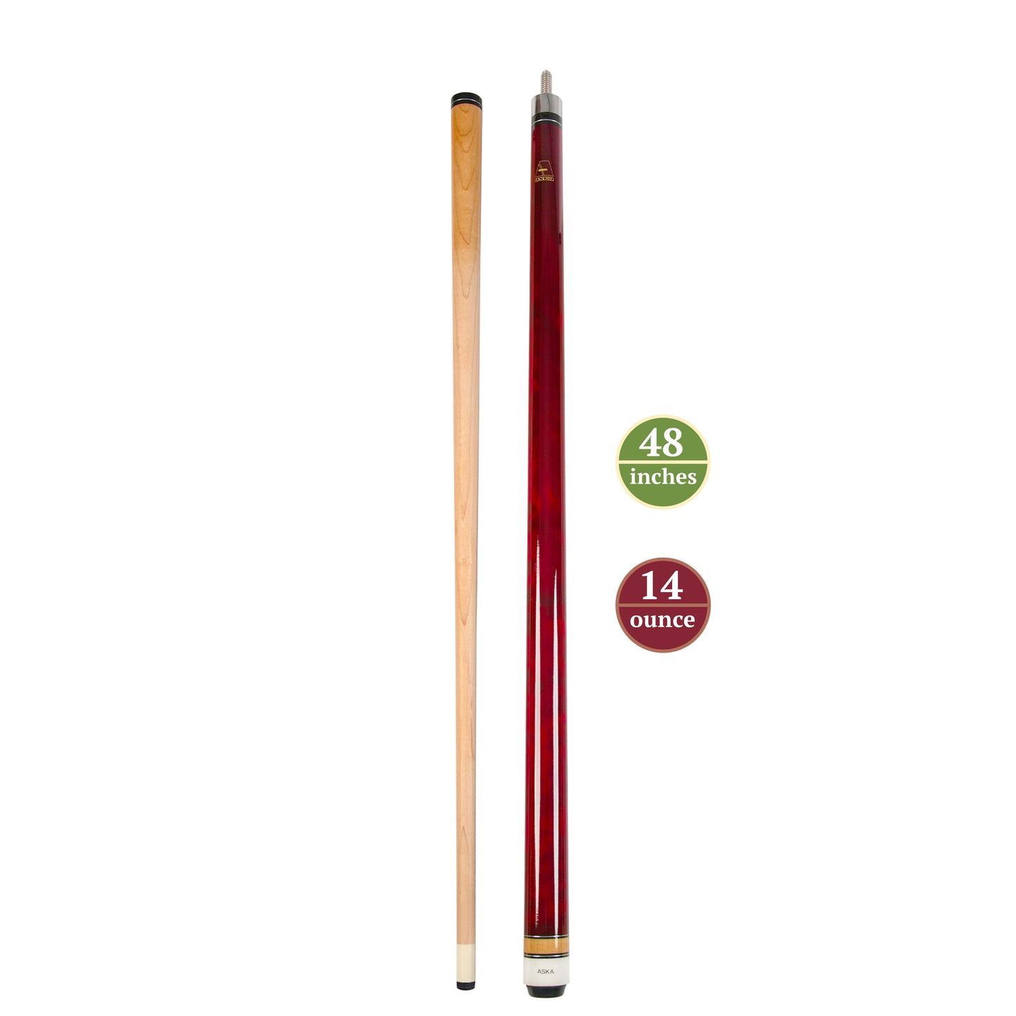 ASKA Red 48" Short Pool Cue – 14 oz, Maple Shaft, 13mm Tip, 5/16x18 Joint, Wrapless (LCSN48) billiard pool cue stick by ASKA