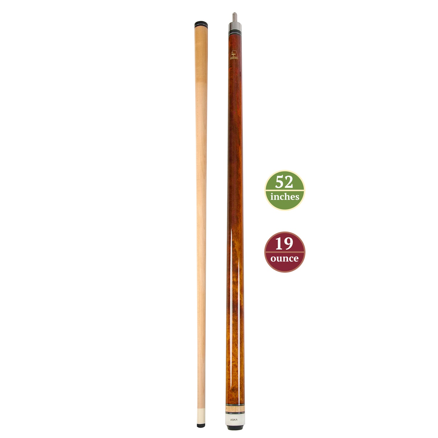 ASKA Brown 52" Short Pool Cue – 19 oz, Maple Shaft, 13mm Tip, 5/16x18 Joint, Wrapless (LCSN52) billiard pool cue stick by ASKA